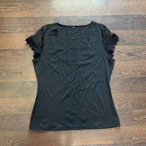 Square Neckline Lace Cap Sleeve Top Black XL